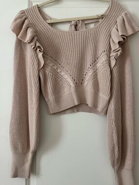 MARBLE Blush Off-Shoulder Ruffle Knit Sweater